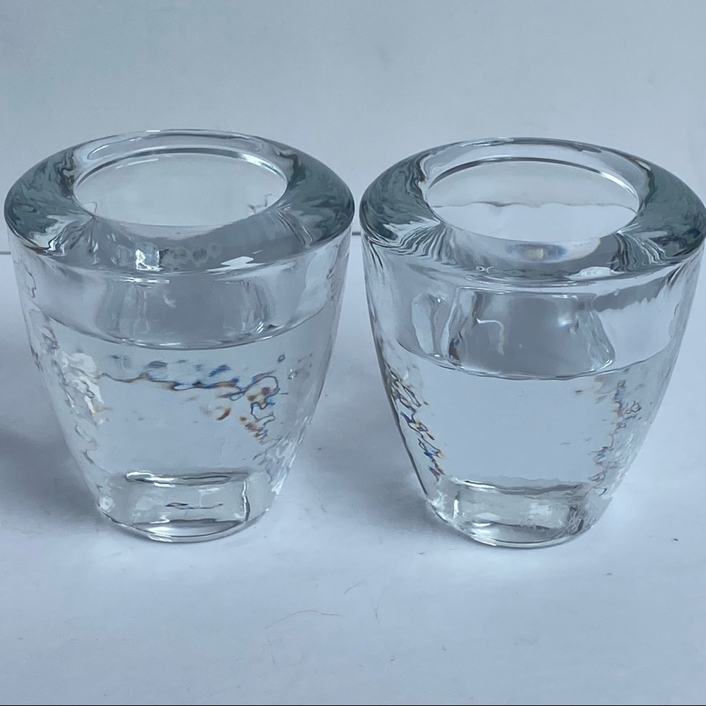 Art Glass Candle Sticks Recycled Reversible 4” tall holders clear votive tea
